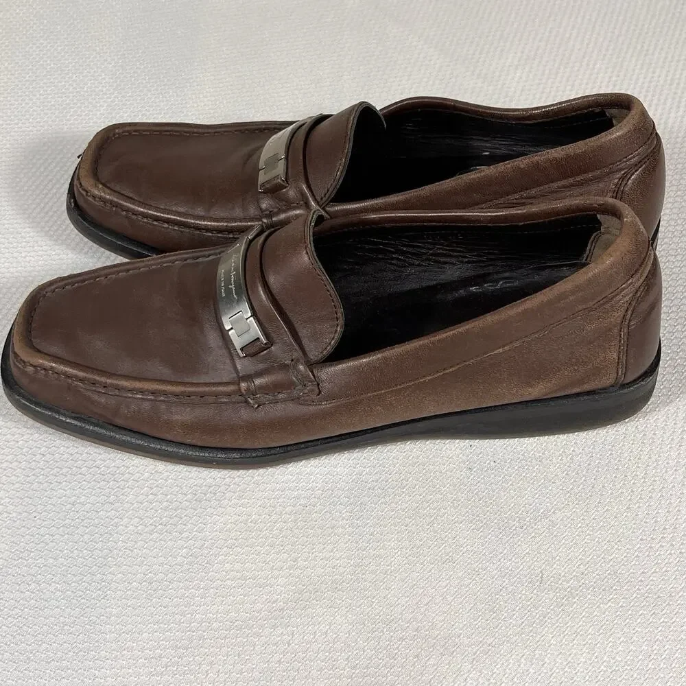 Salvatore Ferragamo Gancini Logo Plate Loafers Brown‎ Leather Men's Size 8.5 D